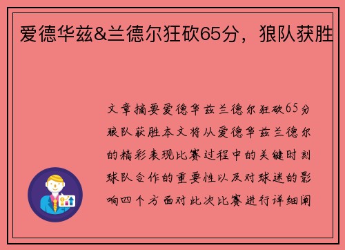 爱德华兹&兰德尔狂砍65分，狼队获胜